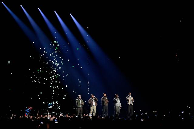 Portuguese singers Miguel Costa, Duarte Farias, Francisco Raposo, Luis Aleixo and Francisco Pestana of band Bandidos do Cante and representing Portugal with the song 'Rosa' perform during the first semi-final of the Eurovision Song Contest 2026 (ESC) at Wiener Stadthalle in Vienna, Austria on May 12, 2026. (Photo by Tobias SCHWARZ / AFP)