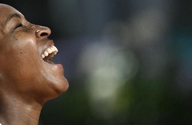 USA's Coco Gauff celebrates after winning against Russia's Mirra Andreeva in the ATP Rome Open tennis tournament at Foro Italico in Rome on May 12, 2026. (Photo by Tiziana FABI / AFP)