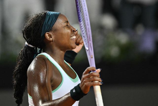 USA's Coco Gauff celebrates after winning against Russia's Mirra Andreeva in the ATP Rome Open tennis tournament at Foro Italico in Rome on May 12, 2026. (Photo by Tiziana FABI / AFP)