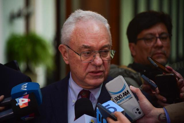 Uruguay's Minister of Foreign Affairs, Mario Lubetkin, speaks with the media after a bilateral meeting with Argentina's Minister of Foreign Affairs, Pablo Quirno (out of frame), at the Palacio Santos in Montevideo on May 12, 2026. (Photo by Dante FERNANDEZ / AFP)