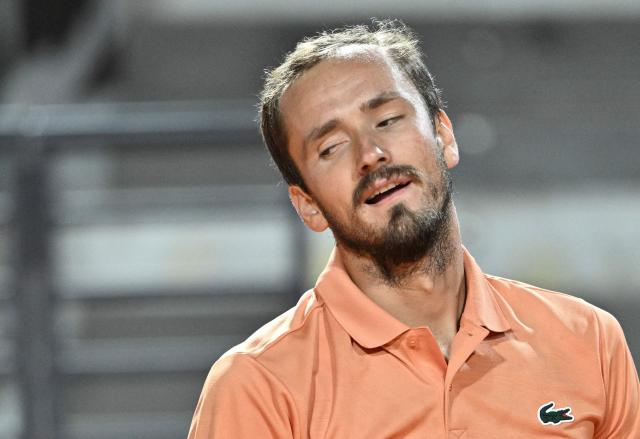 Russia's Daniil Medvedev reacts during the match against Argentina's Thiago Agustin Tirante in the ATP Rome Open tennis tournament at Foro Italico in Rome on May 12, 2026. (Photo by Tiziana FABI / AFP)