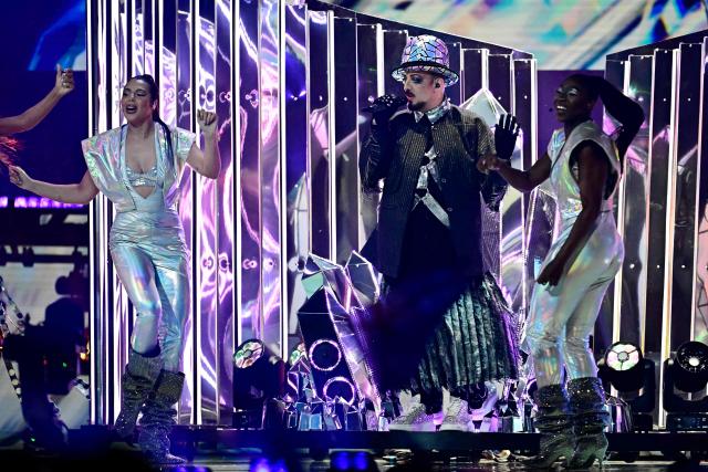 British musician Boy George performs with Senhit representing San Marino with the song 'Superstar' during the first semi-final of the Eurovision Song Contest 2026 (ESC) at Wiener Stadthalle in Vienna, Austria on May 12, 2026. (Photo by Tobias SCHWARZ / AFP)