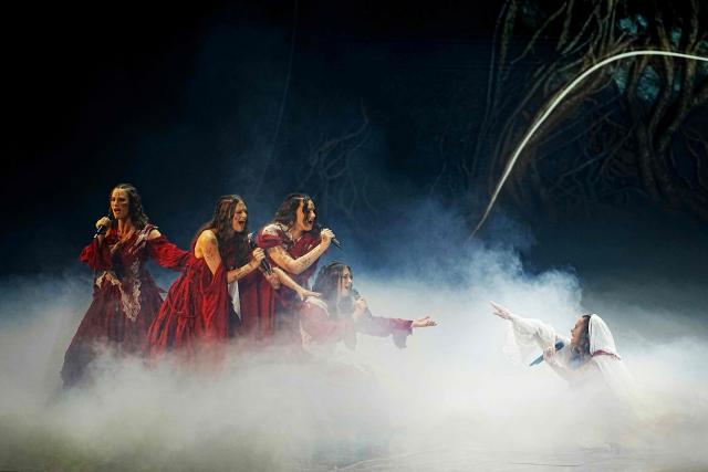 Croatian singers of band Lelek and representing Croatia with the song 'Andromeda'  perform during the first semi-final of the Eurovision Song Contest 2026 (ESC) at Wiener Stadthalle in Vienna, Austria on May 12, 2026. (Photo by GEORG HOCHMUTH / APA / AFP) / Austria OUT