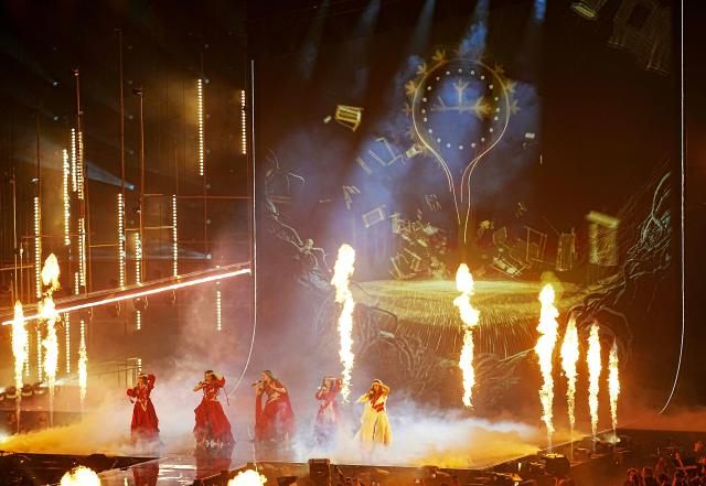 Croatian singers of band Lelek and representing Croatia with the song 'Andromeda'  perform during the first semi-final of the Eurovision Song Contest 2026 (ESC) at Wiener Stadthalle in Vienna, Austria on May 12, 2026. (Photo by GEORG HOCHMUTH / APA / AFP) / Austria OUT