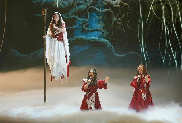 Croatian singers of band Lelek and representing Croatia with the song 'Andromeda'  perform during the first semi-final of the Eurovision Song Contest 2026 (ESC) at Wiener Stadthalle in Vienna, Austria on May 12, 2026. (Photo by GEORG HOCHMUTH / APA / AFP) / Austria OUT