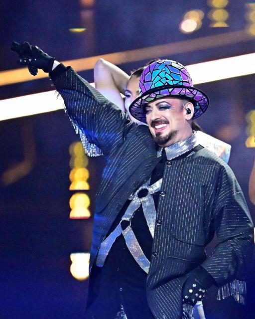 British musician Boy George performs with Senhit (not pictured) representing San Marino with the song 'Superstar' during the first semi-final of the Eurovision Song Contest 2026 (ESC) at Wiener Stadthalle in Vienna, Austria on May 12, 2026. (Photo by Tobias SCHWARZ / AFP)