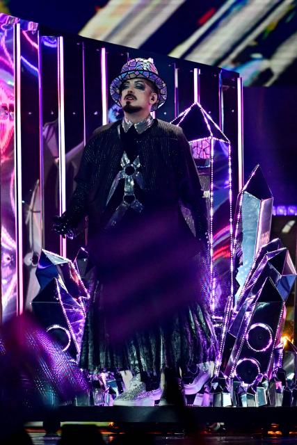 British musician Boy George performs with Senhit (not pictured) representing San Marino with the song 'Superstar' during the first semi-final of the Eurovision Song Contest 2026 (ESC) at Wiener Stadthalle in Vienna, Austria on May 12, 2026. (Photo by Tobias SCHWARZ / AFP)