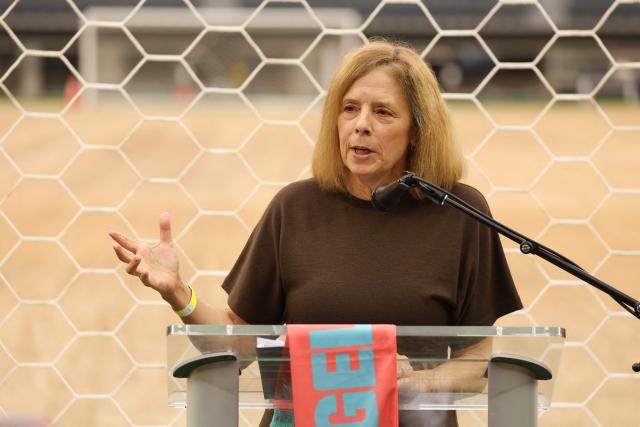 Kathryn Schloessman, CEO, Los Angeles World Cup 2026 Host Committee, speaks during the 30 Days to FIFA World Cup 2026 media event at SoFI Stadium before the pitch installation and temporary renaming to Los Angeles Stadium in Inglewood, California on May 12, 2026. The US Men's National Team will play their first 2026 FIFA World Cup match on June 12 against Paraguay. (Photo by Patrick T. Fallon / AFP)