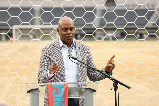 US television host Kevin Frazier speaks during the 30 Days to FIFA World Cup 2026 media event at SoFI Stadium before the pitch installation and temporary renaming to Los Angeles Stadium in Inglewood, California on May 12, 2026. The US Men's National Team will play their first 2026 FIFA World Cup match on June 12 against Paraguay. (Photo by Patrick T. Fallon / AFP)