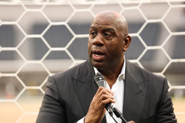 Earvin “Magic” Johnson, Los Angeles World Cup 2026 Community Ambassador, speaks during the 30 Days to FIFA World Cup 2026 media event at SoFI Stadium before the pitch installation and temporary renaming to Los Angeles Stadium in Inglewood, California on May 12, 2026. The US Men's National Team will play their first 2026 FIFA World Cup match on June 12 against Paraguay. (Photo by Patrick T. Fallon / AFP)