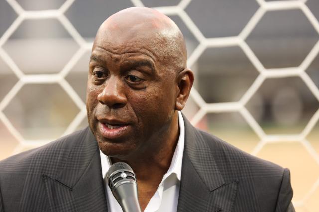 Earvin “Magic” Johnson, Los Angeles World Cup 2026 Community Ambassador, speaks during the 30 Days to FIFA World Cup 2026 media event at SoFI Stadium before the pitch installation and temporary renaming to Los Angeles Stadium in Inglewood, California on May 12, 2026. The US Men's National Team will play their first 2026 FIFA World Cup match on June 12 against Paraguay. (Photo by Patrick T. Fallon / AFP)