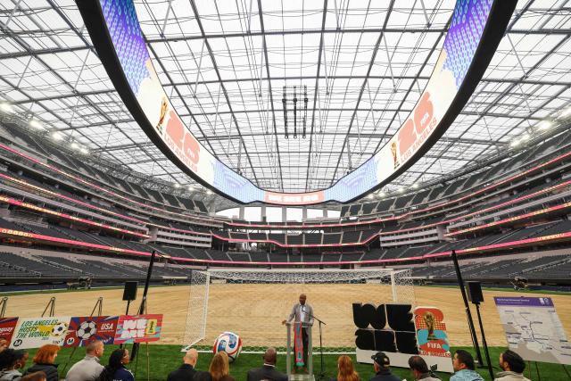 US television host Kevin Frazier speaks during the 30 Days to FIFA World Cup 2026 media event at SoFI Stadium before the pitch installation and temporary renaming to Los Angeles Stadium in Inglewood, California on May 12, 2026. The US Men's National Team will play their first 2026 FIFA World Cup match on June 12 against Paraguay. (Photo by Patrick T. Fallon / AFP)