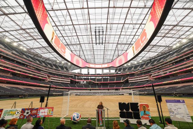 Kathryn Schloessman, CEO, Los Angeles World Cup 2026 Host Committee, speaks during the 30 Days to FIFA World Cup 2026 media event at SoFI Stadium before the pitch installation and temporary renaming to Los Angeles Stadium in Inglewood, California on May 12, 2026. The US Men's National Team will play their first 2026 FIFA World Cup match on June 12 against Paraguay. (Photo by Patrick T. Fallon / AFP)