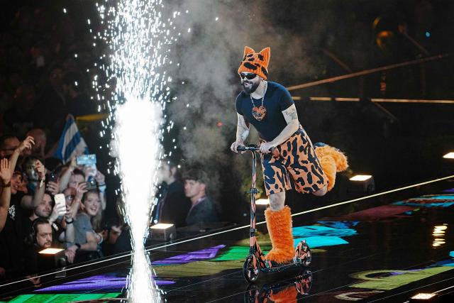 Greek singer Akylas Mytilinaios, aka Akylas and representing Greece with the song 'Ferto', performs during the first semi-final of the Eurovision Song Contest 2026 (ESC) at Wiener Stadthalle in Vienna, Austria on May 12, 2026. (Photo by GEORG HOCHMUTH / APA / AFP) / Austria OUT