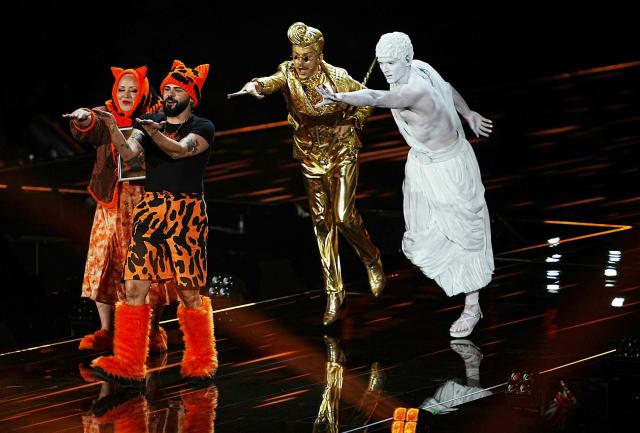 Greek singer Akylas Mytilinaios, aka Akylas and representing Greece with the song 'Ferto', performs during the first semi-final of the Eurovision Song Contest 2026 (ESC) at Wiener Stadthalle in Vienna, Austria on May 12, 2026. (Photo by GEORG HOCHMUTH / APA / AFP) / Austria OUT