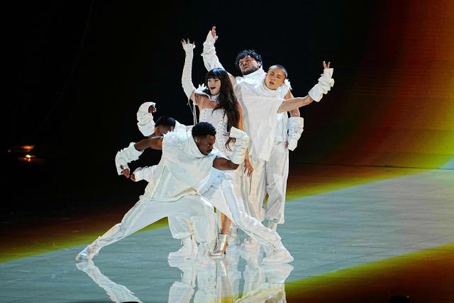 Belgian singer Alice Van Eesbeeck, aka Essyla and representing Belgium with the song 'Dancing on the Ice', performs during the first semi-final of the Eurovision Song Contest 2026 (ESC) at Wiener Stadthalle in Vienna, Austria on May 12, 2026. (Photo by GEORG HOCHMUTH / APA / AFP) / Austria OUT