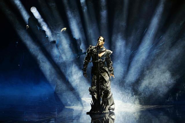 Serbian singers of metal band Lavina and representing Serbia with the song 'Kraj Mene'  perform during the first semi-final of the Eurovision Song Contest 2026 (ESC) at Wiener Stadthalle in Vienna, Austria on May 12, 2026. (Photo by GEORG HOCHMUTH / APA / AFP) / Austria OUT
