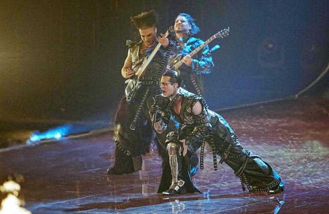 Serbian singers of metal band Lavina and representing Serbia with the song 'Kraj Mene'  perform during the first semi-final of the Eurovision Song Contest 2026 (ESC) at Wiener Stadthalle in Vienna, Austria on May 12, 2026. (Photo by GEORG HOCHMUTH / APA / AFP) / Austria OUT