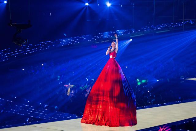 An artist performs on stage during the performance of Moldovan singer Vlad Sabajuc, aka Satoshi and representing Moldova with the song 'Viva, Moldova!', during the first semi-final of the Eurovision Song Contest 2026 (ESC) at Wiener Stadthalle in Vienna, Austria on May 12, 2026. (Photo by GEORG HOCHMUTH / APA / AFP) / Austria OUT