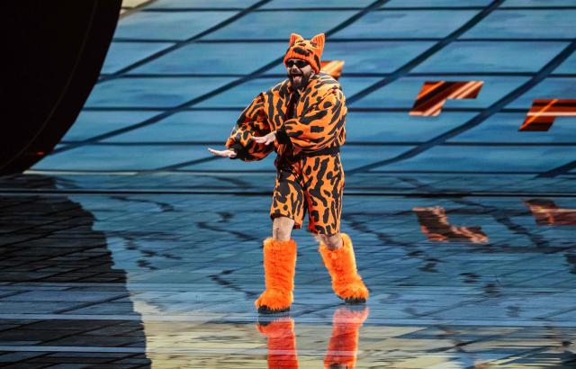 Greek singer Akylas Mytilinaios, aka Akylas and representing Greece with the song 'Ferto', performs during the first semi-final of the Eurovision Song Contest 2026 (ESC) at Wiener Stadthalle in Vienna, Austria on May 12, 2026. (Photo by GEORG HOCHMUTH / APA / AFP) / Austria OUT