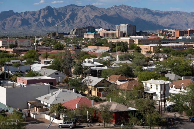A view of downtown Tucson, Arizona, is seen on May 7, 2026. In the Strait of Hormuz, US warships menace Iran's oil tankers. In Washington, President Donald Trump threatens nothing less than "complete victory" will suffice. But in Tucson, they're getting ready to welcome the Iranian football team as if nothing were amiss. The city, an oasis of manicured lawns in the Arizona desert, is set to be the base camp for "Team Melli" when the world's biggest sporting spectacle opens in the US, Mexico and Canada next month. (Photo by Rebecca NOBLE / AFP)