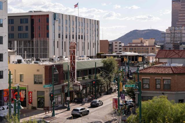 A view of Congress Street is seen in Tucson, Arizona, on May 7, 2026. In the Strait of Hormuz, US warships menace Iran's oil tankers. In Washington, President Donald Trump threatens nothing less than "complete victory" will suffice. But in Tucson, they're getting ready to welcome the Iranian football team as if nothing were amiss. The city, an oasis of manicured lawns in the Arizona desert, is set to be the base camp for "Team Melli" when the world's biggest sporting spectacle opens in the US, Mexico and Canada next month. (Photo by Rebecca NOBLE / AFP)