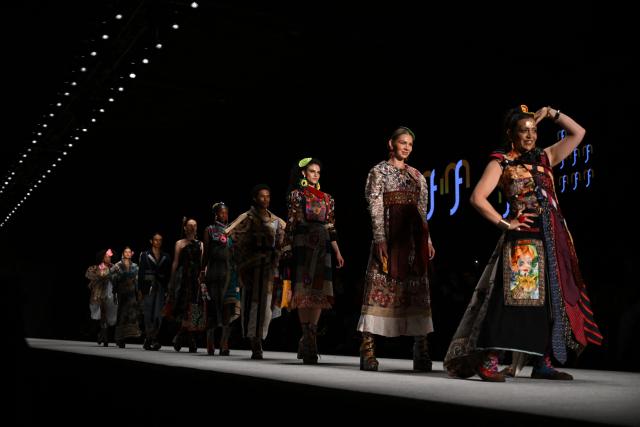 Models present creations by Colombian designer Monica Fonnegra at Puente catwalk during Bogota Fashion Week on May 12, 2026. (Photo by Raul ARBOLEDA / AFP)