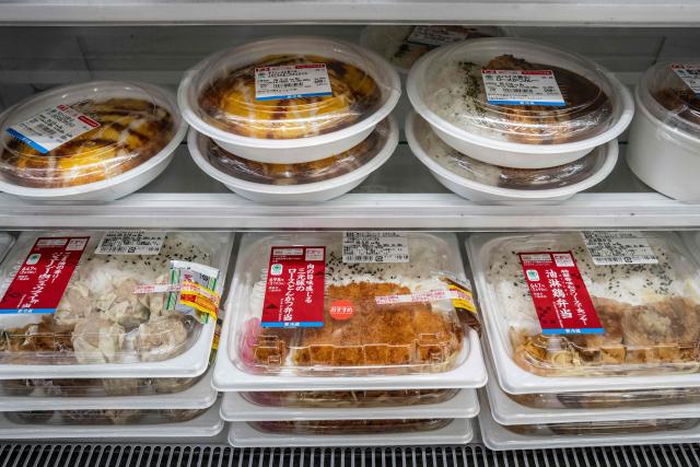 Bento boxes are on display at a FamilyMart convenience store in Tokyo on May 13, 2026. (Photo by Yuichi YAMAZAKI / AFP)