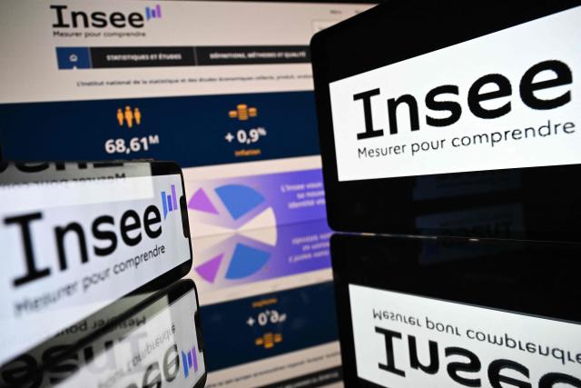 (FILES) This photograph shows screens displaying the logo of the National Institute of Statistics and Economic Studies (INSEE) in Toulouse, southwestern France on September 8, 2025. Consumer prices rose by 2.2% year-on-year in April 2026, driven by a sharp acceleration in energy prices, particularly oil, in the context of the war in the Middle East, according to a final estimate from Insee published on May 13, 2026. (Photo by Lionel BONAVENTURE / AFP)