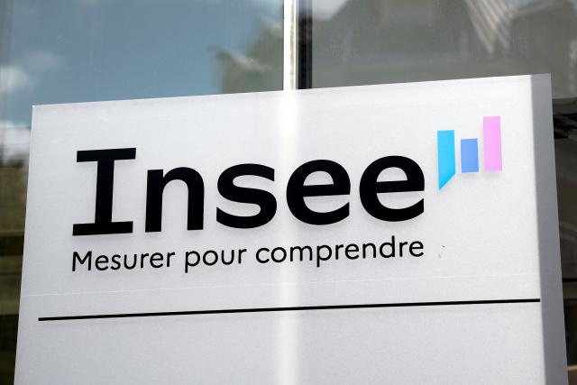 (FILES) This photograph shows the new logo of The National Institute of Statistics and Economic Studies (Institut national de la statistique et des études économiques - INSEE) displayed at the entrance to its headquarters in Montrouge, on the oustskirts of Paris, on September 5, 2025. Consumer prices rose by 2.2% year-on-year in April 2026, driven by a sharp acceleration in energy prices, particularly oil, in the context of the war in the Middle East, according to a final estimate from Insee published on May 13, 2026. (Photo by Sebastien DUPUY / AFP)