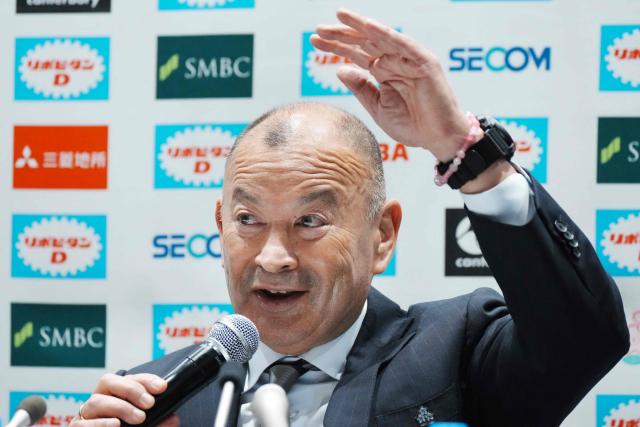 (FILES) Japan rugby head coach Eddie Jones speaks during a press conference following the announcement of the pool draw schedule for the Men's Rugby World Cup 2027, in Tokyo on February 3, 2026. Japan suspended head coach Eddie Jones for six weeks and cut his salary on May 13, 2026, for "verbal abuse directed at local officials" during an Australian tour. (Photo by Kazuhiro NOGI / AFP)