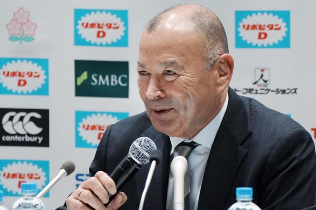 (FILES) Japan rugby head coach Eddie Jones speaks during a press conference following the announcement of the pool draw schedule for the Men's Rugby World Cup 2027, in Tokyo on February 3, 2026. Japan suspended head coach Eddie Jones for six weeks and cut his salary on May 13, 2026, for "verbal abuse directed at local officials" during an Australian tour. (Photo by Kazuhiro NOGI / AFP)