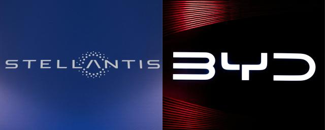 (COMBO) This combination of file pictures created on May 13, 2026, shows (L) a picture of the logo of auto giant Stellantis at the Stellantis Mirafiori plant in Turin, on April 10, 2024, and (R) the logo for Chinese electric vehicle manufacturer BYD at the 2025 Bangkok International Motor Show at the Impact Arena convention venue in Bangkok on March 24, 2025. Chinese electric vehicle giant BYD is talking with French-Italian vehicle-maker group Stellantis and other carmakers on taking over their EU plants as part of its international expansion drive, Bloomberg News reported on May 13, 2026. (Photo by MARCO BERTORELLO and Chanakarn Laosarakham / AFP)