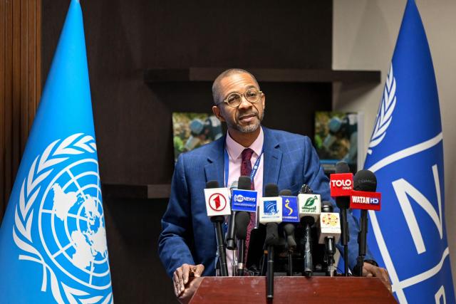 United Nations Development Programme (UNDP) Resident Representative for Afghanistan Stephen Rodriques addresses the UNDP Afghanistan Socio-Economic Review (ASER) 2024–2025 in Kabul on May 13, 2026. (Photo by Bais YUSUFI / AFP)