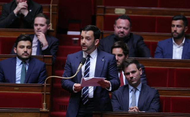 Rassemblement National's MP Jean-Philippe Tanguy (C) speaks during a session of questions to the government at The National Assembly, France's lower house of parliament in Paris on May 13, 2026. (Photo by Thomas SAMSON / AFP)