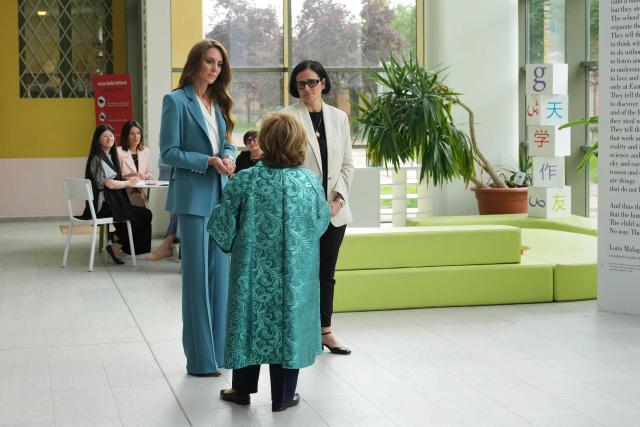 Britain's Kate, Princess of Wales, arrives at the Loris Malaguzzi International Centre and will take part in an immersive clay atelier workshop, part of a two-day trip, in Reggio Emilia, Italy, on May 13, 2026. (Photo by Antonio Calanni / POOL / AFP)