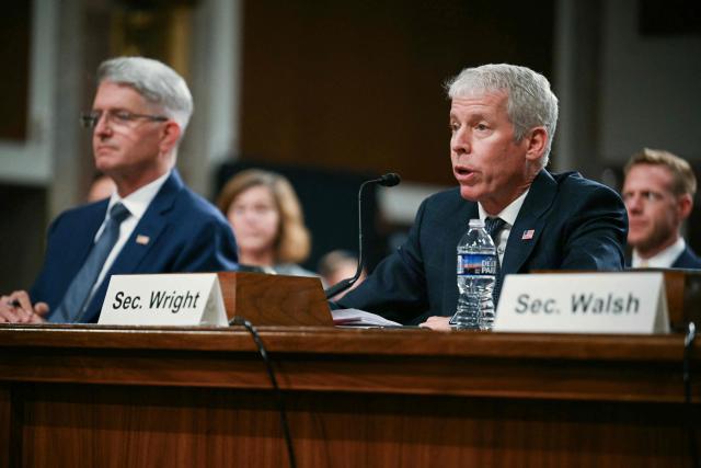 (L-R) Under Secretary of Energy for Nuclear Security and Administrator National Nuclear Security Administration Brandon M. Williams and US Energy Secretary Chris Wright testify before a Senate Committee on Armed Services Committee hearing to examine the 2027 budget for the Department of Energy and National Nuclear Security Administration on Capitol Hill in Washington, DC, on May 13, 2026. (Photo by Jim WATSON / AFP)