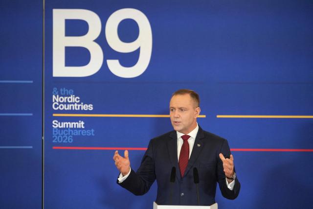 Poland's President Karol Nawrocki speaks during a press conference at the summit of the Bucharest Nine (B9) and the Nordic countries at the Cotroceni Palace in Bucharest, Romania on May 13, 2026. The event is co-chaired by the President of Romania and the President of Poland under the overarching theme of 'Delivering More for Transatlantic Security' and is focusing on transatlantic security and NATOs forthcoming summit in Ankara. The B9 format, also known as NATO's Eastern Flank, includes Bulgaria, the Czech Republic, Estonia, Hungary, Latvia, Lithuania, Poland, Romania and Slovakia. (Photo by Mihai Barbu / AFP)