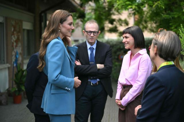 Britain's Catherine, Princess of Wales, arrives to visit the Scuola Comunale d'infanzia Anna Frank, a municipal pre-school for 3 – 6-year-olds, part of a two-day trip, in Reggio Emilia, Italy, on May 13, 2026. The school places particular value on learning through creativity and relationships, reflecting the core principles of the Reggio Emilia Approach. (Photo by Marco BERTORELLO / POOL / AFP)