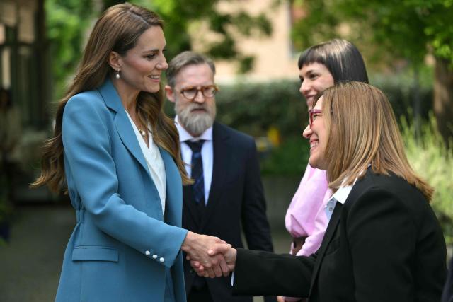 Britain's Catherine, Princess of Wales, arrives to visit the Scuola Comunale d'infanzia Anna Frank, a municipal pre-school for 3 – 6-year-olds, part of a two-day trip, in Reggio Emilia, Italy, on May 13, 2026. The school places particular value on learning through creativity and relationships, reflecting the core principles of the Reggio Emilia Approach. (Photo by Marco BERTORELLO / POOL / AFP)