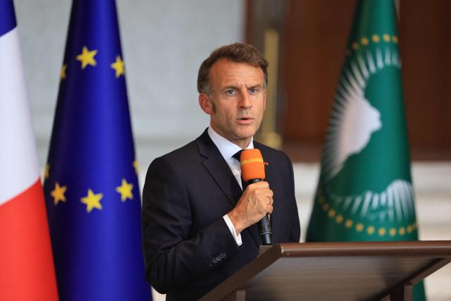 France's President Emmanuel Macron speaks during a press conference at the African Union (AU) headquarters in Addis Ababa on May 13, 2026. (Photo by Ludovic MARIN / AFP)