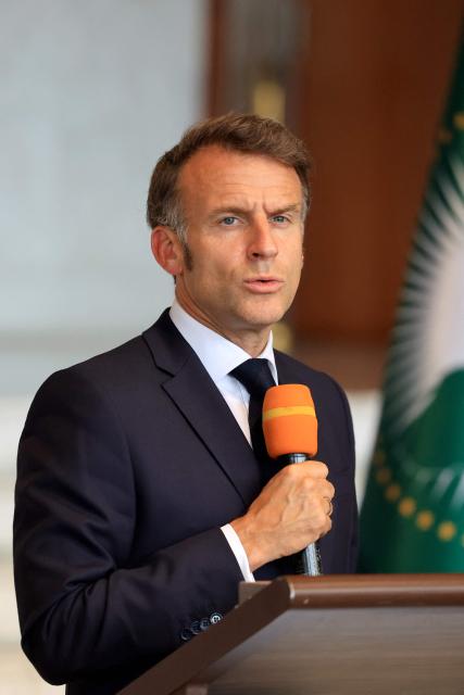 France's President Emmanuel Macron speaks during a press conference at the African Union (AU) headquarters in Addis Ababa on May 13, 2026. (Photo by Ludovic MARIN / AFP)