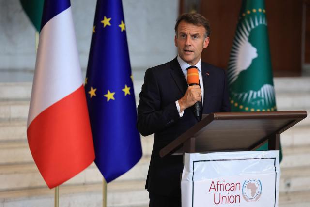 France's President Emmanuel Macron speaks during a press conference at the African Union (AU) headquarters in Addis Ababa on May 13, 2026. (Photo by Ludovic MARIN / AFP)