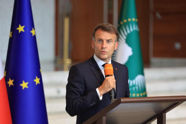 France's President Emmanuel Macron speaks during a press conference at the African Union (AU) headquarters in Addis Ababa on May 13, 2026. (Photo by Ludovic MARIN / AFP)