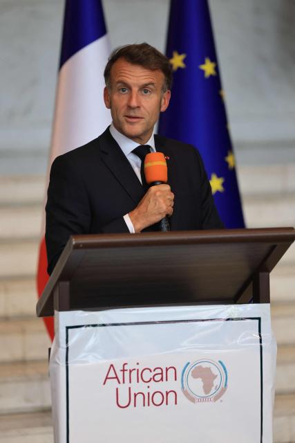 France's President Emmanuel Macron speaks during a press conference at the African Union (AU) headquarters in Addis Ababa on May 13, 2026. (Photo by Ludovic MARIN / AFP)