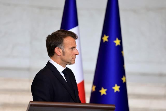 France's President Emmanuel Macron looks on during a press conference at the African Union (AU) headquarters in Addis Ababa on May 13, 2026. (Photo by Ludovic MARIN / AFP)