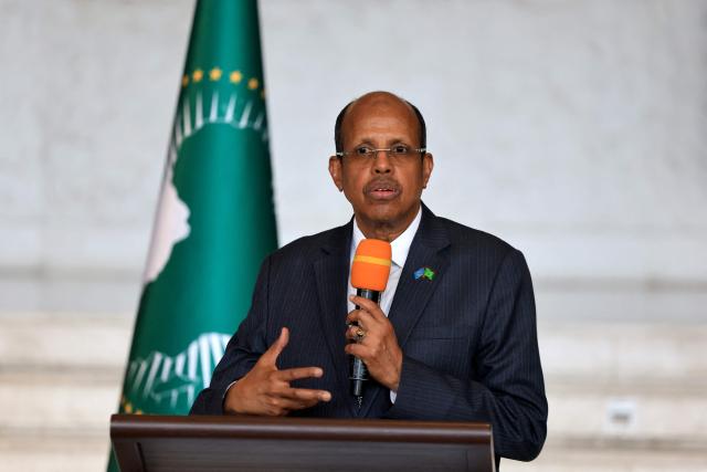 African Union Commission's President Mahamoud Ali Youssouf speaks during a press conference at the African Union (AU) headquarters in Addis Ababa on May 13, 2026. (Photo by Ludovic MARIN / AFP)