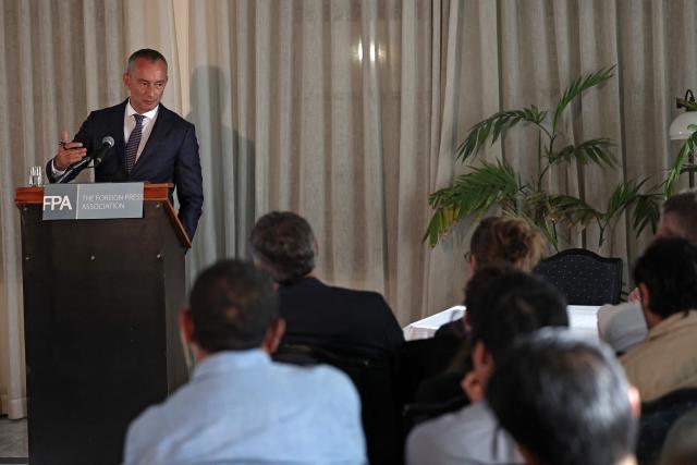 The high representative for Gaza under US President Donald Trump's Board of Peace, Nickolay Mladenov addresses a press briefing in Jerusalem on May 13, 2026. (Photo by AHMAD GHARABLI / AFP)