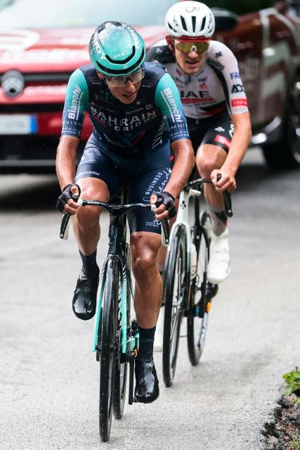 Bahrain - Victorious Portuguese rider Afonso Eulalio (Front) and UAE Team Emirates - XRG Spanish rider Igor Arrieta ride in a breakaway during the 5th stage of the Giro d'Italia 2026 - Tour of Italy cycling race between Praia a Mare and Potenza, southern Italy on May 13, 2026. (Photo by Luca BETTINI / AFP)