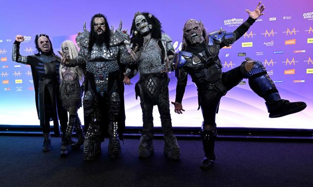 2006 European Song Contest winners, Finnish rock band Lordi, react during a press conference on May 13, 2026 at the Stadthalle in Vienna. (Photo by HELMUT FOHRINGER / APA / AFP) / Austria OUT